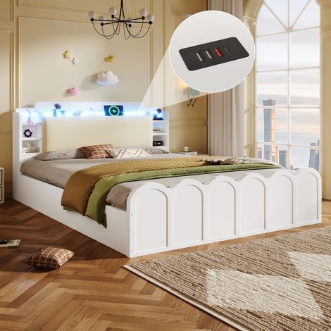 Lit coffre 140x200 cm, sommier hydraulique blanc, avec recharge USB-C, éclairage LED, commande tactile et par app, sans matelas, rangement rabattable multifonction (1/4)