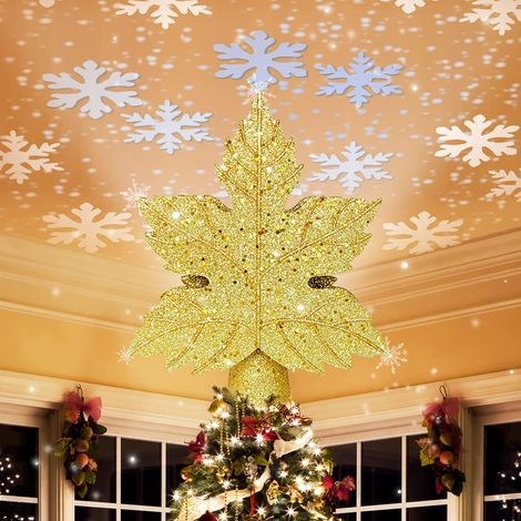 Cime de sapin de Noël avec projecteur LED intégré, Décoration de Noël 3D à paillettes dorées, Lumière de sapin de Noël, Décorations de Noël (1/5)