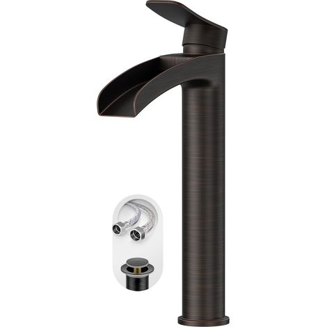 Robinet de lavabo vasque haut Phiestina, monotrou, monocommande, finition bronze huilé, à poser sur plan, avec bonde clic-clac et flexibles d'alimentation en métal, NS-SF01-ORB-V (1/5)