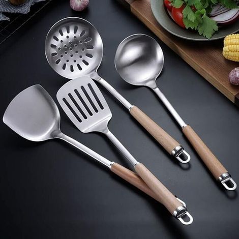 Ensemble d'ustensiles de cuisine 4 pièces en acier inoxydable 304, spatule, louche, passoire et spatule avec long manche en bois résistant à la chaleur. (4 poignées rondes) (1/4)