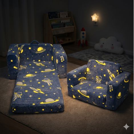 Fauteuil enfant pliable lumineux en peluche, motif astronaute et fusée, bleu HAVRYA (1/5)