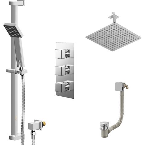 Cubix Polished Chrome Concealed Triple Thermostatic Shower Valve with Diverter and 300mm Square Head with 150mm Ceiling Arm and Thames Slide Rail Kit with Free-Flow Bath Filler - 3 Outlet (1/5)