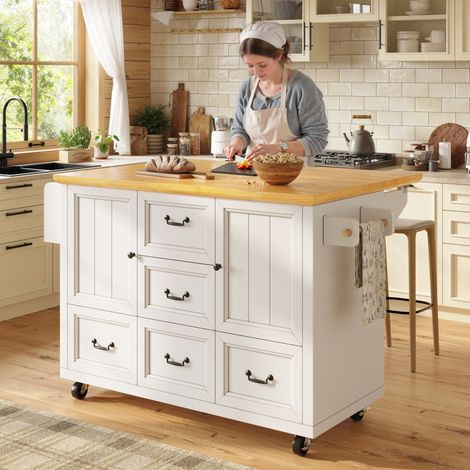 Isla de cocina (120x73x92.5 cm), plegable, con ruedas, estantes para especias, MDF y metal blanco (1/5)