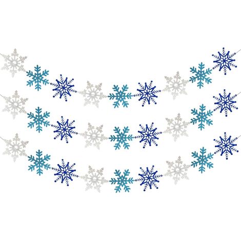 Guirlande de flocons de neige blancs et bleus pailletés 3 pièces, décoration de Noël thème hivernal féérique pour cheminée, fête d'anniversaire enfant ou baby shower (1/5)