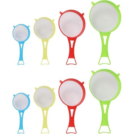 Set di 8 setacci manuali per farina, filtro in plastica creativo, strumento da cucina per separare i solidi dai liquidi, rosso, giallo, blu e verde, 26,5 x 13,6 x 4,5 cm (1/5)