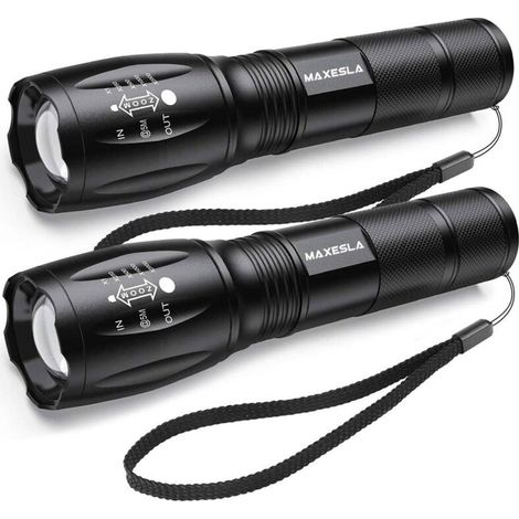 Lampe Torche LED Ultra Puissante, 2000 Lumens Lampe de Poche, IP65 Étanche Lampe Tactique, Zoomable, 5 Modes D'éclairage, Antichoc Anti-dérapant pour Camping Randonnée Urgence, Lot de 2 [Classe énergé