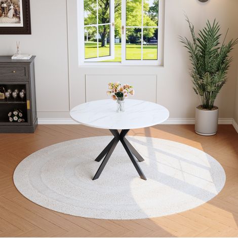 Table à manger ronde 110 cm effet marbre blanc en MDF, piètement métal noir DESVIAE (1/5)