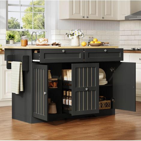 Isla de cocina 120x70x92 cm negra en MDF con encimera abatible y ruedas con freno (1/5)