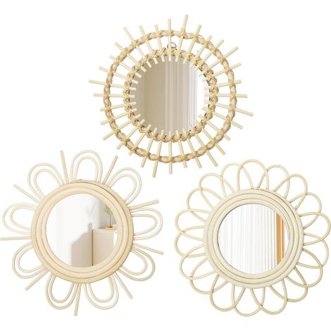 Lot de 3 miroirs Soleil - Décoration bohème moderne - Avec crochets en métal - Mural - Style bohème - Pour salle de bain, entrée, salon, chambre à coucher (1/5)