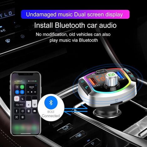 Bluetooth-Autoadapter, FM-Autotransmitter, mit zwei USB-Anschlüssen, unterstützt QC 3.0 Typ-C PD Schnellladung, Freisprechfunktion, MP3-Musikwiedergabe, SD-Kartenunterstützung und 7 RGB-Beleuchtungsmo