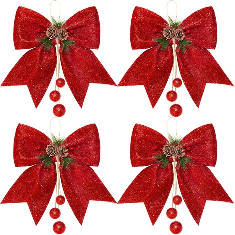 Sollbry 4 Stück glitzernde Weihnachtsschleifen, rote Kranzschleifen, glitzernde Weihnachtsbaumschleifen, weihnachtliche dekorative Schleifen für Zuhause (1/4)