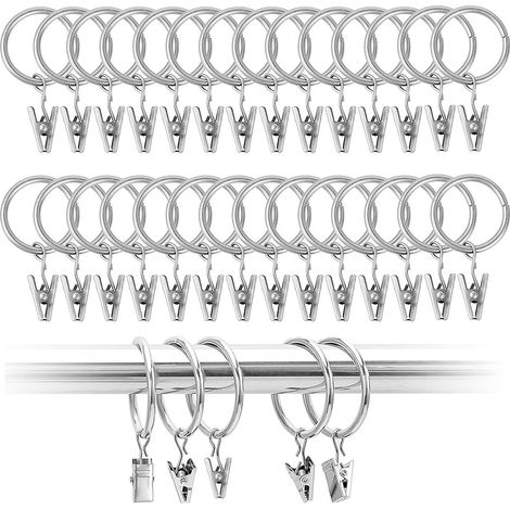 Lot de 50 anneaux de rideau avec clips - Diamètre intérieur : 25 mm - En métal - Pour rideaux et cordes à linge (1/5)