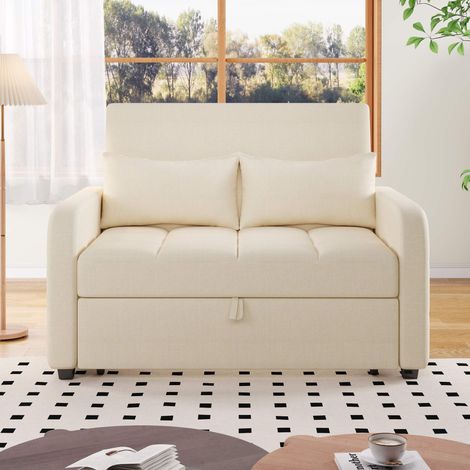 Canapé-lit convertible 2 places beige, dossier réglable 3 positions, couchage 110x180 cm, 2 coussins, structure bois et métal (1/5)