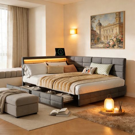 Doppelbett 140x200 cm mit Matratze, verstellbare 16-Farben-LED-Beleuchtung, grauer Leinenstoff, Metall-Stauschublade, Ladeanschluss