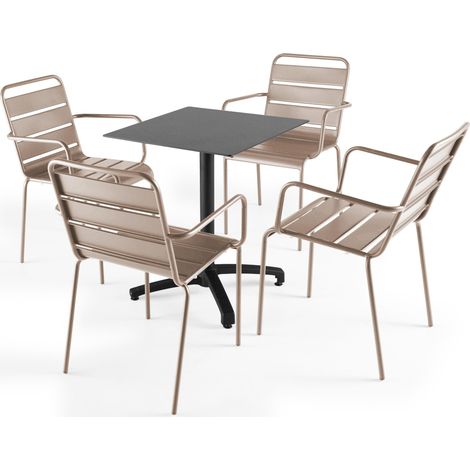 Ensemble table de terrasse stratifié ardoise gris et 4 fauteuils taupe (1/5)