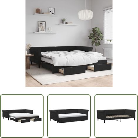 vidaXL Doppelbett - Tagesbett Ausziehbar mit Schubladen Schwarz 100x200 cm Samt (1/5)