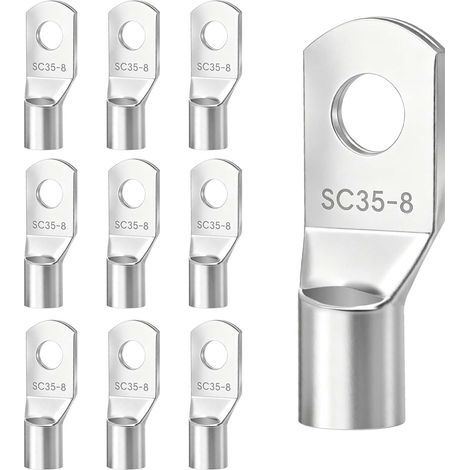 Lot de 10 Cosses de Câble Tubulaires 35mm² M8, Cosse à Sertir a Oeil à Anneau, Diamètre du Trou M8, Extrémités de Câble Batterie Non Isolées, 35mm² Œillet en Cuivre Étamé pour Batterie Voiture Bateau (1/5)