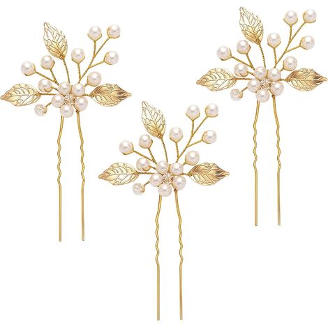 Lot de 3 barrettes à cheveux pour mariage et fiançailles en acier inoxydable et cristal avec motif floral 3D Doré