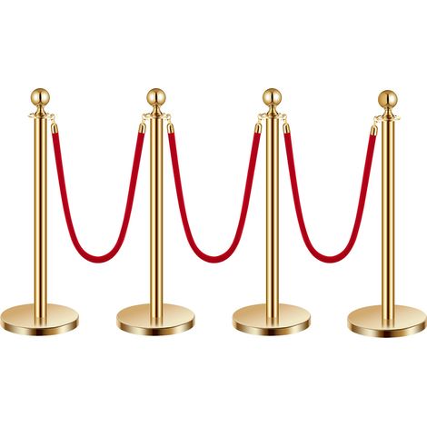 VEVOR Paletto di Sostegno, Set di 4, Barriere di Controllo della Folla con 3 Corde di Velluto Rosso, Palo di Sostegno in Acciaio Inossidabile Dorato 1,5 m con Base Cava per Festa, Matrimonio, Mostra