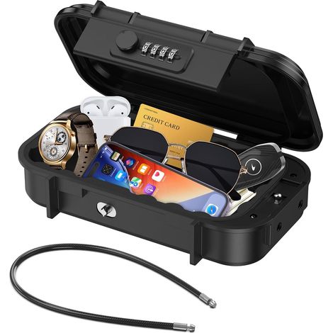 Coffre Fort Portable, Coffre Fort de Plage avec Combinaison à 4 Chiffres, Boîtier ABS Haute Résistance, Antivol Etanche, Petit Coffre Fort avec Câble, Boite Rangement pour Voyage, Bureau (1/5)