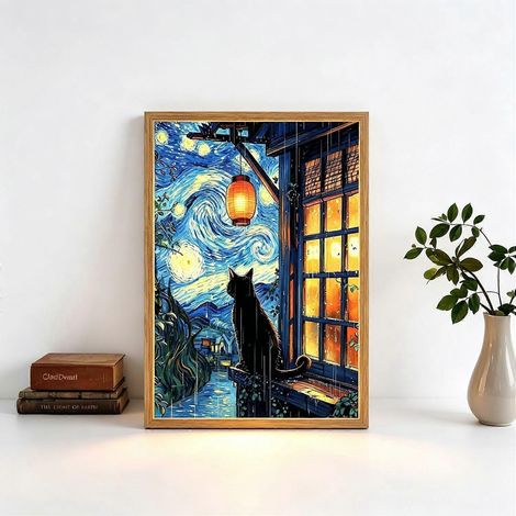 22 x 16 x 4,5 cmCTableau lumineux dynamique encadré en bois, 20 cm, veilleuse LED 3 couleurs à branchement USB, effet flamme simulée, idéal pour décorer une table de chambre. (1/5)