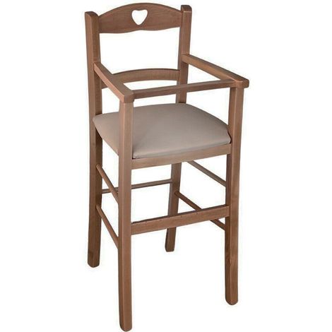 Silla alta en madera de nogal claro con asiento acolchado en imitación de cuero de tortora