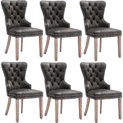 Lot de 6 chaises salle à manger velours gris - Pieds bois massif, cloutées, réglables, H95 cm (1/5)
