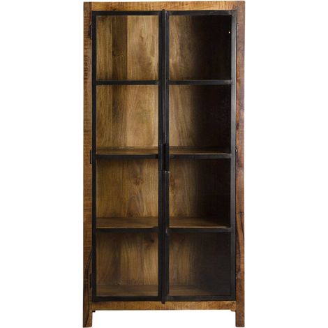 Made In Meubles – Vitrine en bois de manguier zébré et métal noir effet usé – 2 portes vitrées – Dimensions 180x90x46 cm – Rangement spacieux (1/5)
