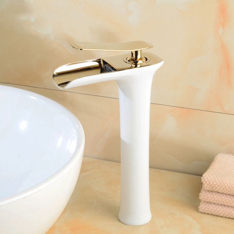 Mitigeur lavabo moderne effet cascade, finition doré brossé et blanc, pour salle de bain, robinetterie design, hauteur standard, mélangeur eau chaude/froide, style contemporain. (1/4)
