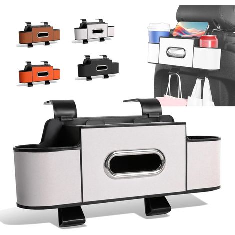 Organizzatore 3 in 1 per sedile posteriore auto con portabicchieri, porta fazzoletti e ganci – compatibile con la maggior parte dei modelli di auto (bianco).