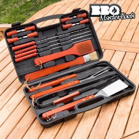 Mallette pour barbecue - BBQ - 18 ustensiles - Acier inoxydable - Bois - Dimensions 7,6 x 42,8 x 29 cm (1/5)