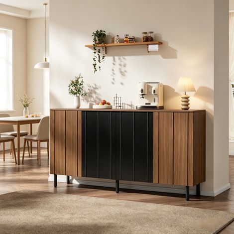 Buffet de cuisine 160 × 35 × 80 cm en panneaux de particules, finition noyer et noir, grande capacité de charge pour la salle à manger, meuble d'appoint à 4 portes, buffet avec compartiments de rangem (1/4)