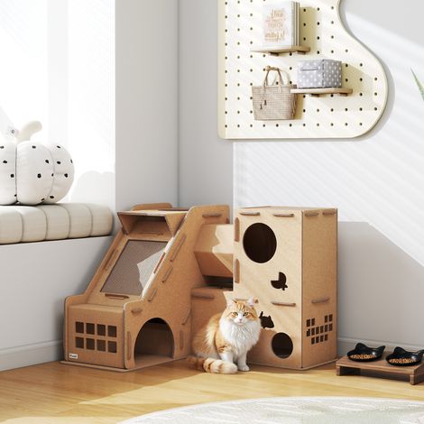Design Maison en carton pour chats forme château 2 niveaux avec 3 zones de grattage La rampe du tunnel comprend de l’herbe brune