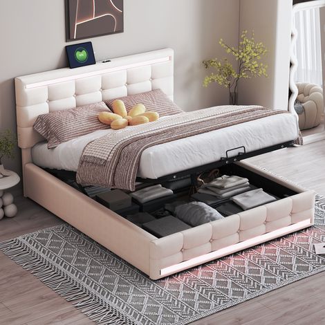 Cama canapé adulto 140x200cm, LED, 2 puertos USB, Cabecero regulable, Cama tapizada, Colchón no incluido, Lino, Beige (1/5)