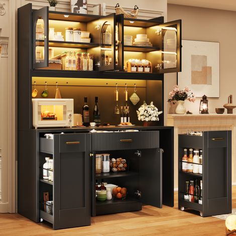 Credenza alta da cucina 120 cm con LED RGB, 3 vetrine in vetro e cassetti, nera (1/5)