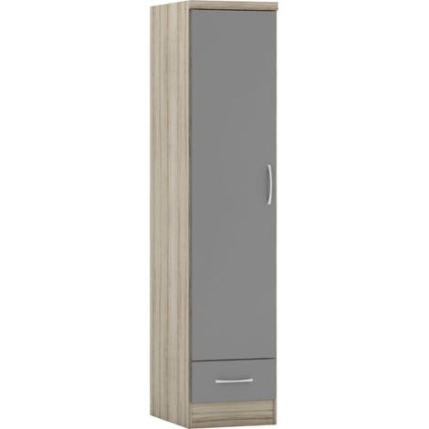 Nevada 1 Door 1 Drawer Wardrobe - L52 x W40 x H182.5 cm - Grey Gloss/Light Oak Effect Veneer (1/4)