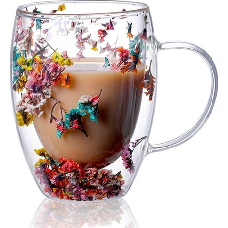 Verre double paroi avec vraies fleurs, 300ml, avec anse