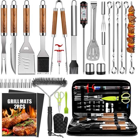 34-teiliges Grillzubehör für Männer, 40 cm robustes Grillzubehör aus Edelstahl mit Thermometer, Grillmatte für den Garten, Geschenkset für Männer und Frauen.