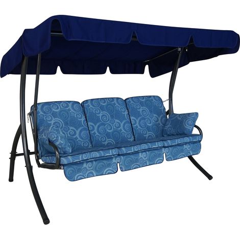 Balancelle de Jardin Comfort 3 Places, Acier Galvanisé, Convertible en Lit, Toit Parasol Réglable, Coussins Rembourrés (Blau Gemustert) (1/5)
