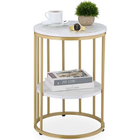 Relaxdays Table d'appoint, 2 plateaux aspect marbre, métal et MDF, H x D : 57 x 40 cm, pour le salon, blanc et doré (1/5)