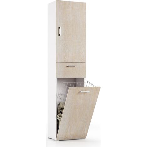 Mehrzweckschrank mit weißem Wäschekorb und Eichentür