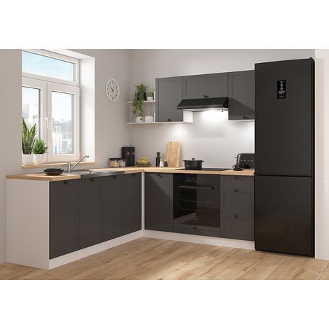 Pegane – Cuisine complète d'angle 200x220 cm – Meubles modulables gris graphite et blanc – Armoires basses et hautes – Éclairage LED inclus (1/3)