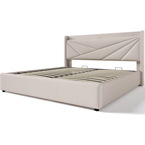 Cama doble con almacenaje 180x200 cm beige de lino con USB y USB-C (1/5)