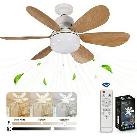Ventilateur de plafond avec télécommande, plafonnier LED, intensité variable, six pales, 3 vitesses de ventilation, 40 W, culot E27 (marron) (1/5)