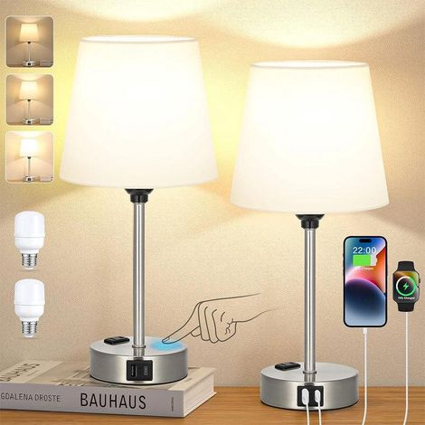Lampe de chevet tactile avec ports USB-A+C+AC, 2 ampoules, 3 dimmables, abat-jour en lin blanc, base en argent givré, convient pour chambre, salon, chambre d'enfants, bureau [Classe d'efficacité énerg (1/5)
