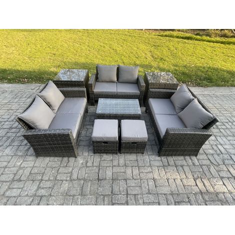 Fimous 8pc Rattan Sofa Garden Furniture Outdoor Patio Set with 2 Side Tables 2 Small Footstools Love Seat Sofa Dark Grey Mixed