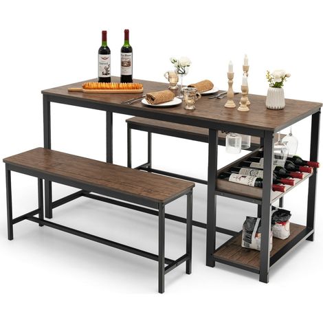 3PCS Dining Table Set Kitchen Table & 2 Benches W/ Storage Shelf Wine Rack (1/5)