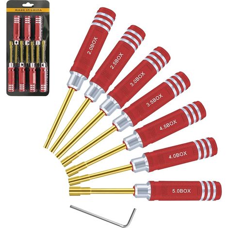 Lot de 7 tournevis hexagonaux 2,0 mm 2,5 mm 3,0 mm 3,5 mm 4,0 mm 4,5 mm 5,0 mm kit d'outils de tournevis pour fixation roue Axial SCX24 pour modèles radiocommandés voitures bateaux hélicoptères rouges (1/5)