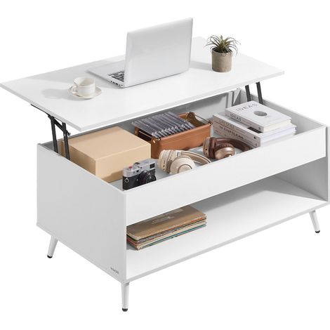 VASAGLE Tavolino da Salotto, Tavolino da Caffè con Piano Sollevabile, Molla a Gas, Vano Nascosto, Ripiano Aperto, Soggiorno Ufficio Sala da Pranzo, Bianco Neve e Bianco Opaco LCT267WE01 (1/5)