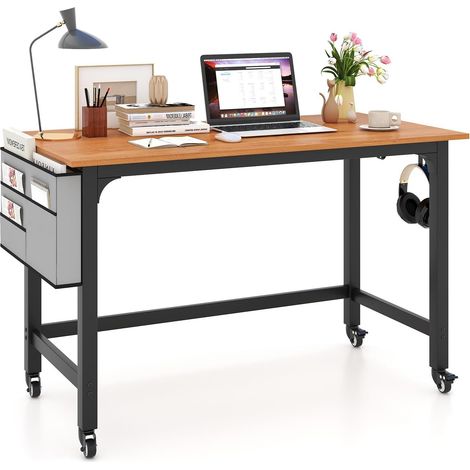 Bureau d'Ordinateur Roulant 120 cm, avec Sac en Tissu Détachable et Crochets, Bureau Informatique Mobile avec Cadre en Métal (1/5)